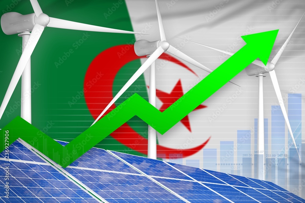 Fototapeta premium Algeria solar and wind energy rising chart, arrow up - renewable natural energy industrial illustration. 3D Illustration