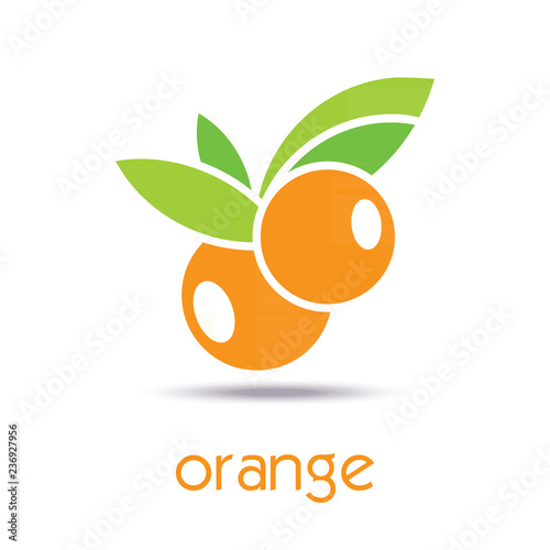 Orange fruit with leaves. Logo Design. Icon, Sign or Symbol. Vector flat design