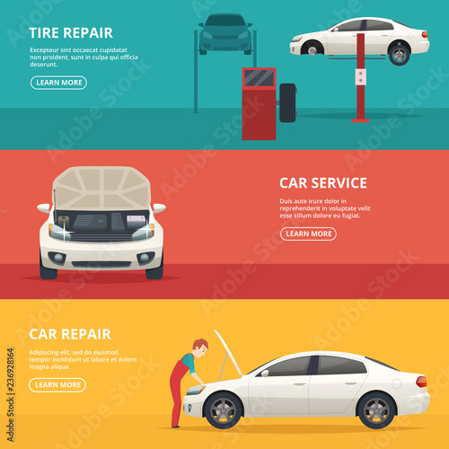 Car repair banners. Workers at automobile workshop service maintenance car with mechanic tools. Vector flat pictures place for text. Illustration of auto workshop service, repair automobile