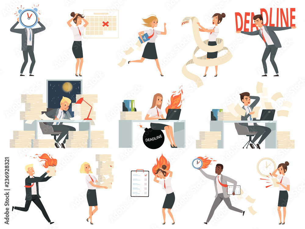 Deadline characters. Business overworked people directors managers stressed and rushing danger workspace vector people isolated. Illustration of deadline rushing on workspace, overtime and overworked