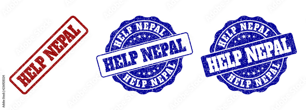 HELP NEPAL grunge stamp seals in red and blue colors. Vector HELP NEPAL labels with draft texture. Graphic elements are rounded rectangles, rosettes, circles and text labels.