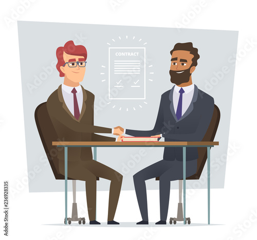 Sign contract. Business meeting selling deal traders dialogue partnership vector cartoon characters isolated. Contract partnership, meeting and deal illustration
