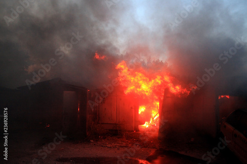 a fire after a shell hit, War actions aftermath, Ukraine and Donbass conflict