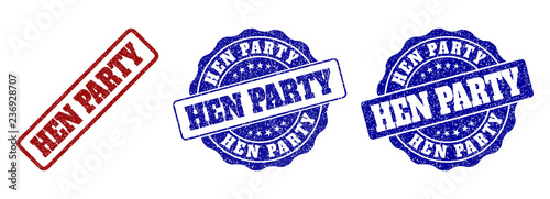 HEN PARTY scratched stamp seals in red and blue colors. Vector HEN PARTY imprints with distress texture. Graphic elements are rounded rectangles, rosettes, circles and text captions.