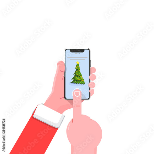 Smartphone hand christmas tree,. Modern flat illustration with smartphone hand on white background. Mobile phone. Smartphone icon vector illustration.