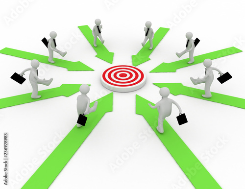 Businessmen are running on arrows pointing to a target at the center. 3d rendered illustration