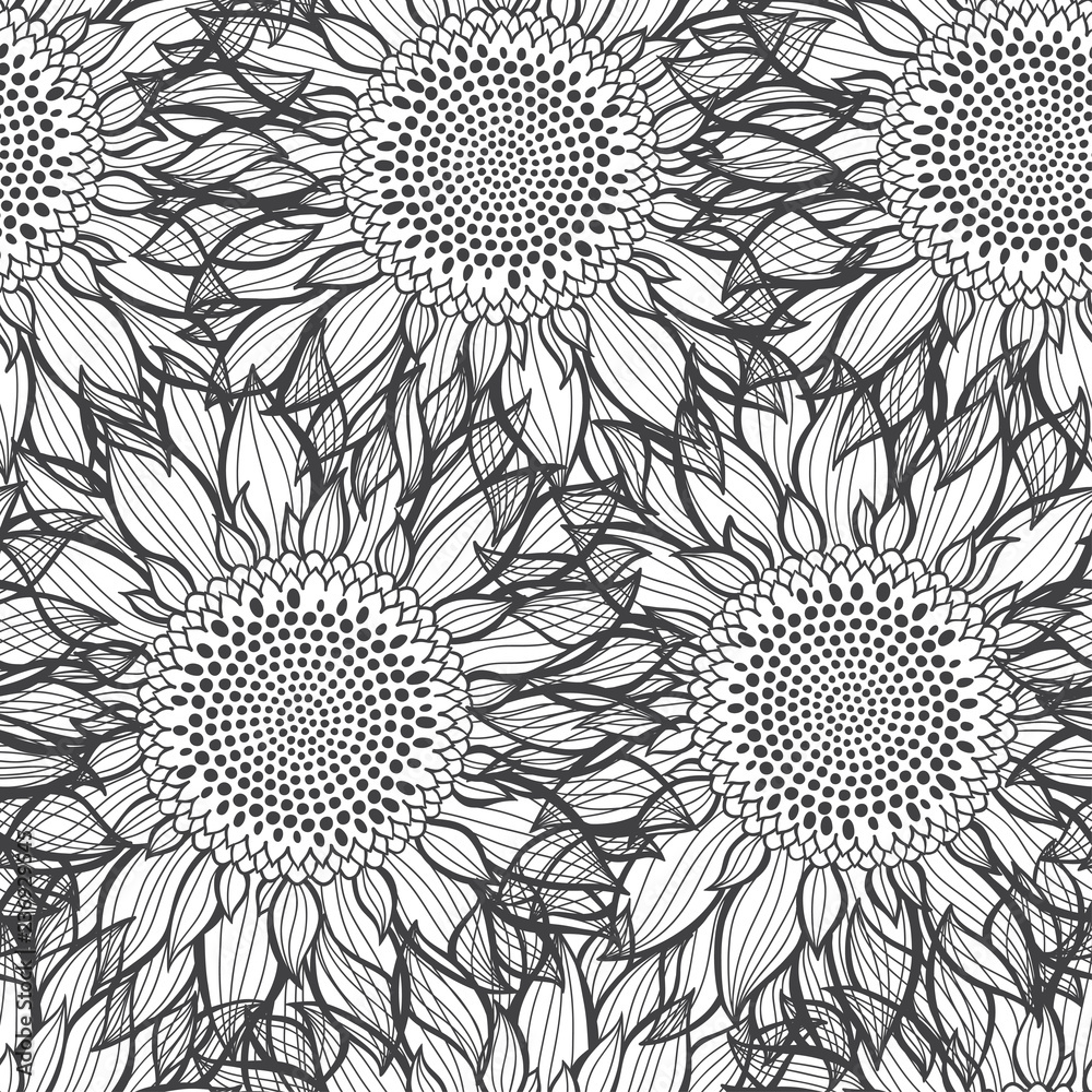 Seamless pattern with sunflowers. Abstract floral background. Black and ...