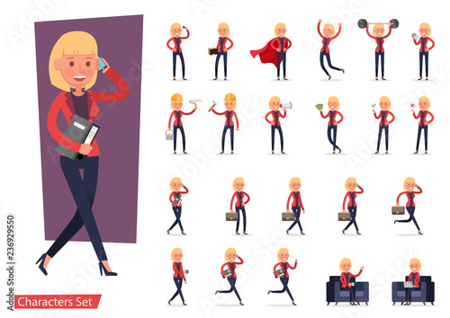 Set of office woman worker character vector design. Presentation in various action with emotions, running, standing, walking and working.