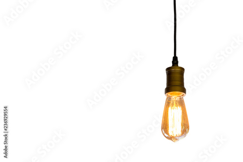 Vintage light bulb hanging isolated white background, Idea concept.with clipping path