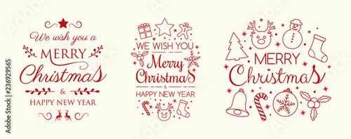Collection of Christmas calligraphy with ornaments. Vector.