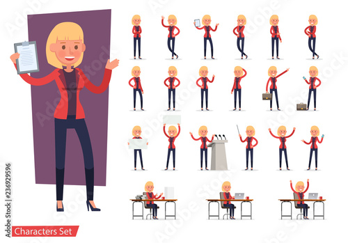Set of office woman worker character vector design. Presentation in various action with emotions, running, standing, walking and working.