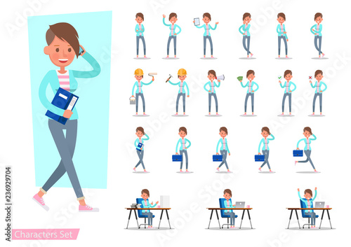 Set of office woman worker character vector design. Presentation in various action with emotions, running, standing, walking and working.