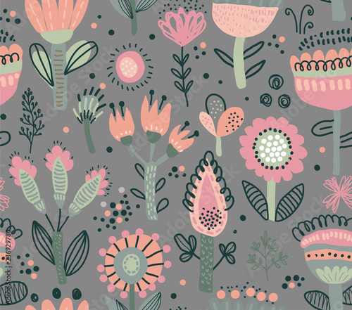 Vector seamless pattern with fancy flowers. Scandinavian motives.
