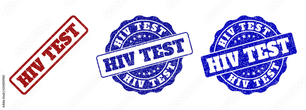 HIV TEST grunge stamp seals in red and blue colors. Vector HIV TEST signs with grunge texture. Graphic elements are rounded rectangles, rosettes, circles and text labels. HIV TEST grunge stamp seals in red and blue colors. Vector HIV TEST signs with grunge texture. Graphic elements are rounded rectangles, rosettes, circles and text labels.