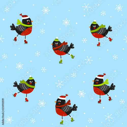 Seamless pattern with cute bullfinches