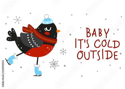 Winter greeting card with cute bullfinch