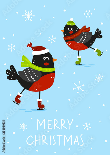 Winter greeting card with cute bullfinches