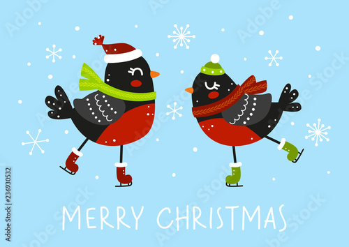 Winter greeting card with cute bullfinches