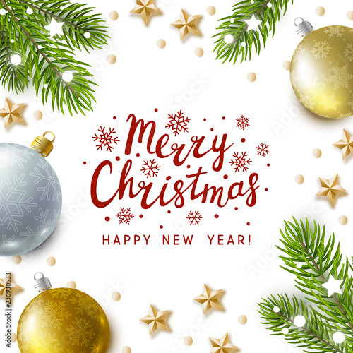 Christmas greeting card with holiday decor on white background