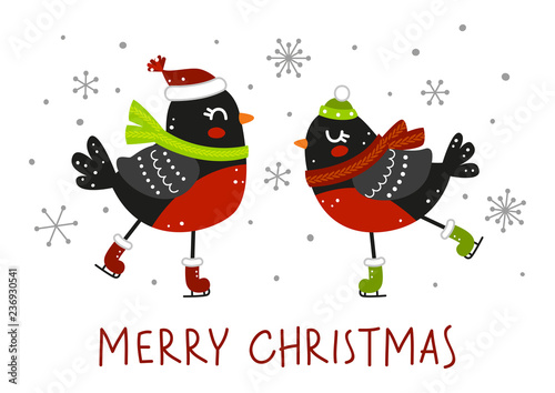 Winter greeting card with cute bullfinches