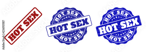 HOT SEX grunge stamp seals in red and blue colors. Vector HOT SEX labels with draft style. Graphic elements are rounded rectangles, rosettes, circles and text labels.