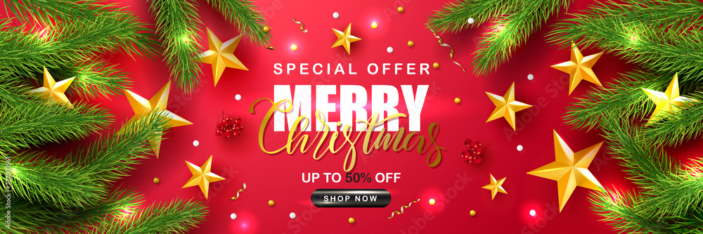 Merry Christmas Sale.Universal vector red background with fir branches, Rowan, stars and serpentine. Suitable for promotional materials, postcards,posters banners, flyers. Modern design.