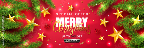 Merry Christmas Sale.Universal vector red background with fir branches, Rowan, stars and serpentine. Suitable for promotional materials, postcards,posters banners, flyers. Modern design.