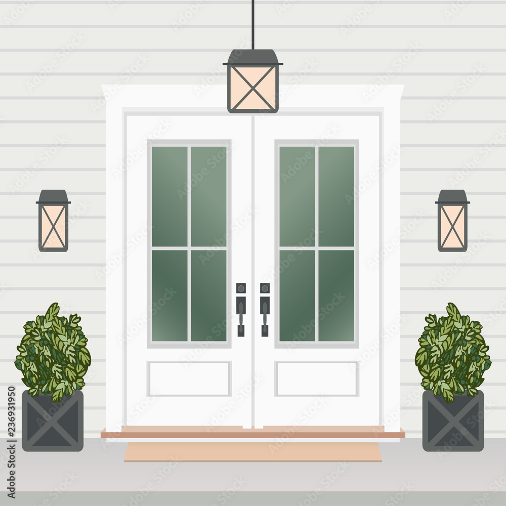House door front with doorstep and steps, lamp, - vector clip art