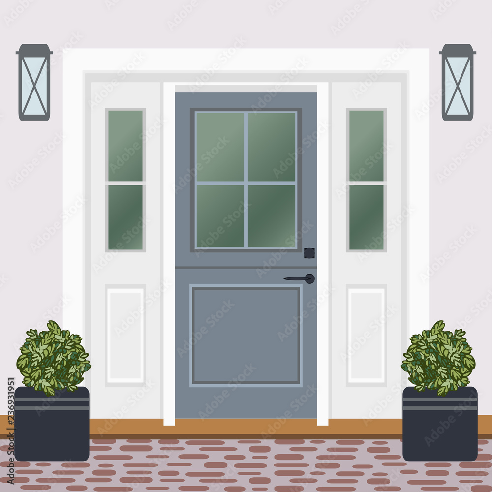 House door front with doorstep and window, lamps, flowers, entry facade building, exterior entrance design illustration vector in flat style