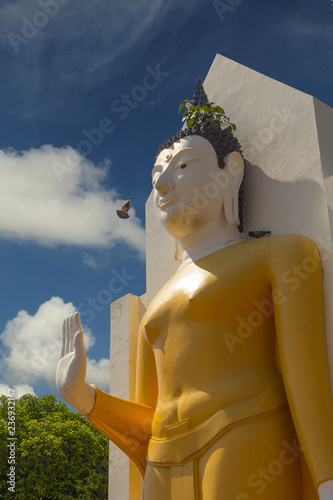 Buddha statue is standing on blue sky background. photo