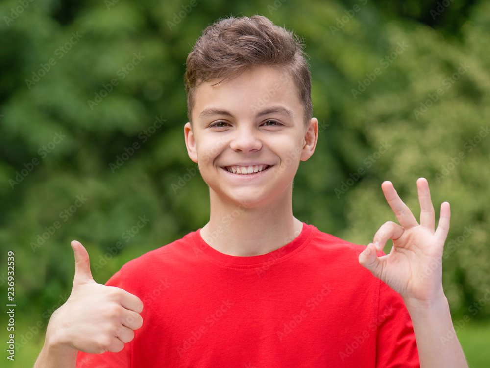 Caucasian smiling teen boy making thumbs up and ok gesture. Handsome funny teenager wearing red t-shirt, at summer park. Happy child looking at camera - outdoors portrait. Caucasian smiling teen boy making thumbs up and ok gesture. Handsome funny teenager wearing red t-shirt, at summer park. Happy child looking at camera - outdoors portrait.