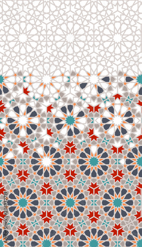 Arabic pattern. Arabesque repeating vector border. Geometric halftone texture with color tile disintegration or breaking