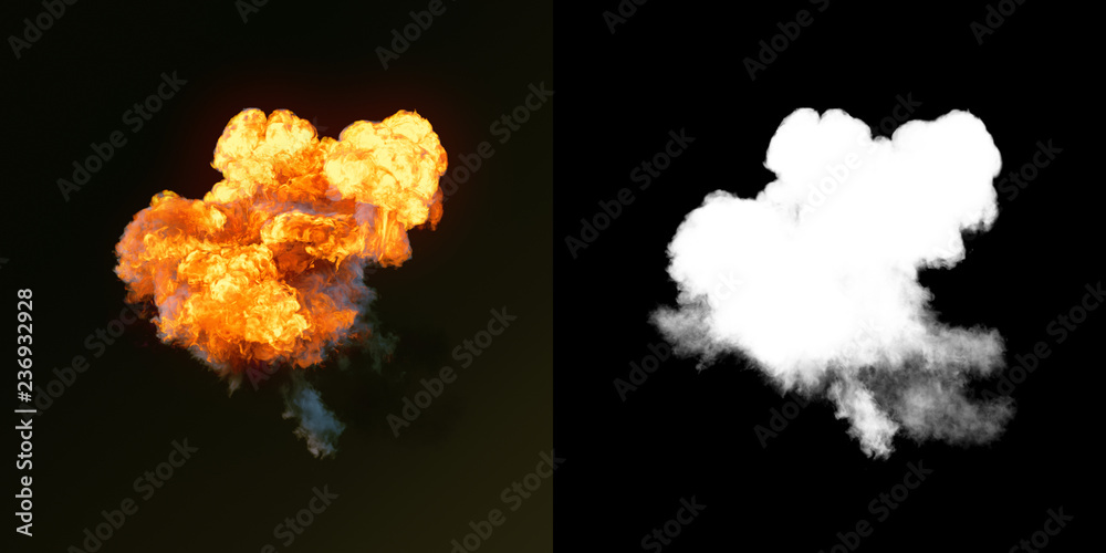 Large explosion with black smoke in dark plus alpha channel. 3d rendering - obrazy, fototapety, plakaty 