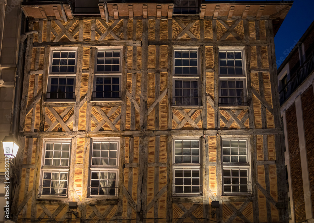 Views of old town at night. Troyes - capital of Aube department in Champagne region. France. Many half-timbered houses (mainly of 16th century) survive in old town