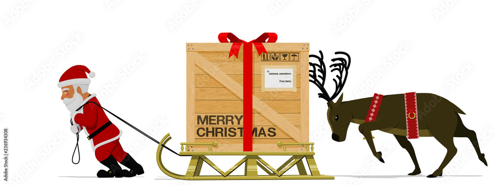 Santa Claus and his reindeer are moving his heavy sleigh - obrazy, fototapety, plakaty 
