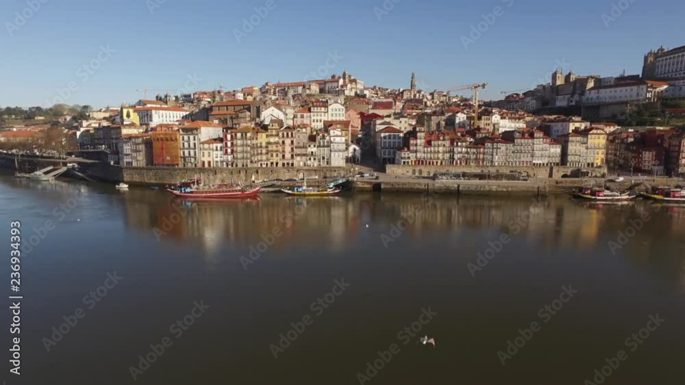 Drone Flying Over Douro River Towards a Rising, Old City Drone Flying Over Douro River Towards a Rising, Old City