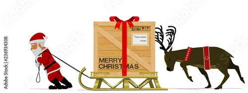 Santa Claus and his reindeer are moving his heavy sleigh