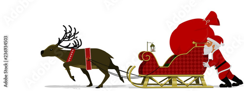 Santa Claus and his reindeer are moving his heavy sleigh