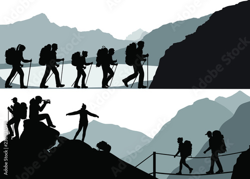 Silhouettes of mans and womans in hike against the background of wild nature