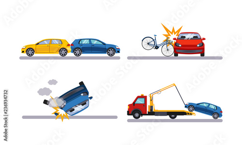 Auto accidents set, car crash flat vector Illustration on a white background