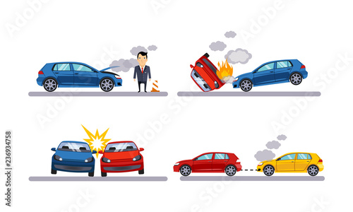 Car accidents set, auto crash flat vector Illustration on a white background