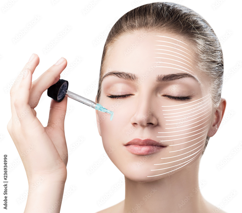Graphic lines shows facial lifting effect on skin.