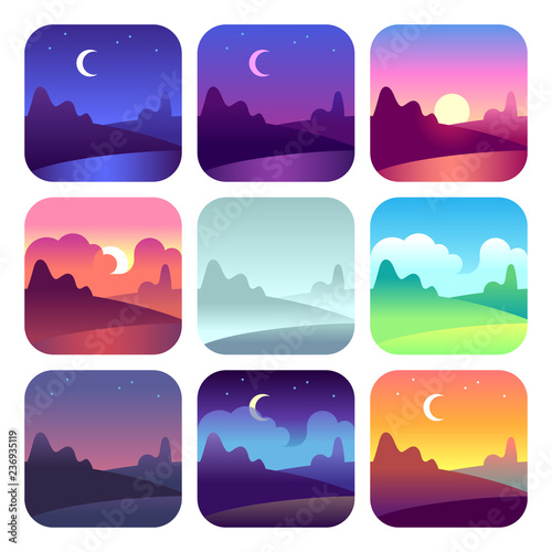 Different day times. Early morning sunrise and sunset, noon and dusk night. Sun time countryside landscape vector icons