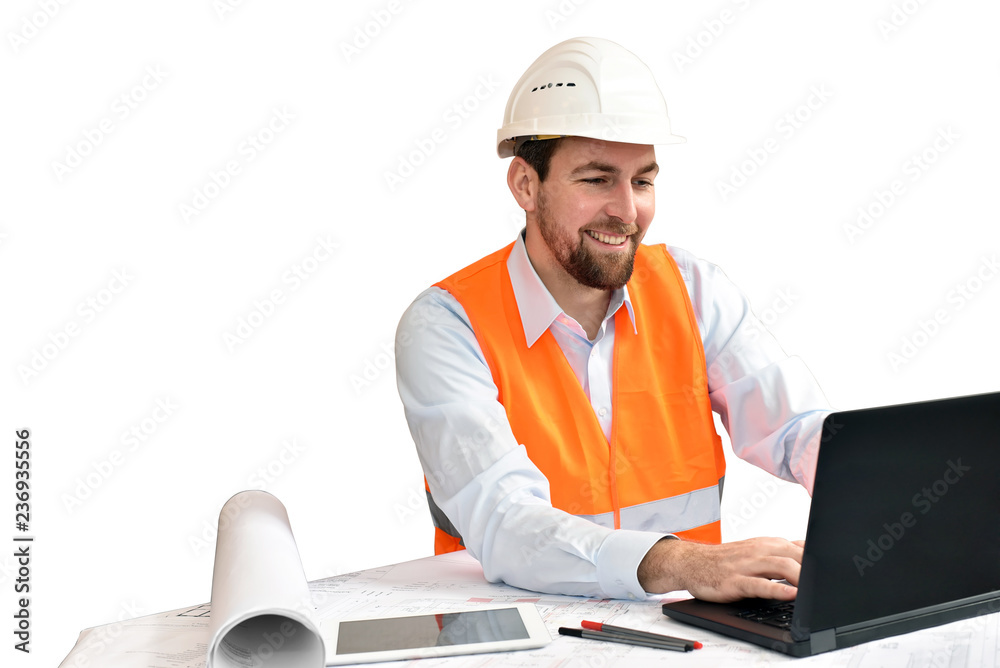 Architect / engineer at his desk planning the construction of a house - white background  // Architekt/ Ingenieur am Schreibtisch bei der Planung Bau eines Hauses - Freisteller isoliert