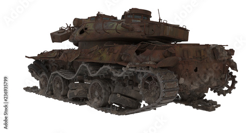 damaged rusty battle tank on an isolated white background. 3d illustration
