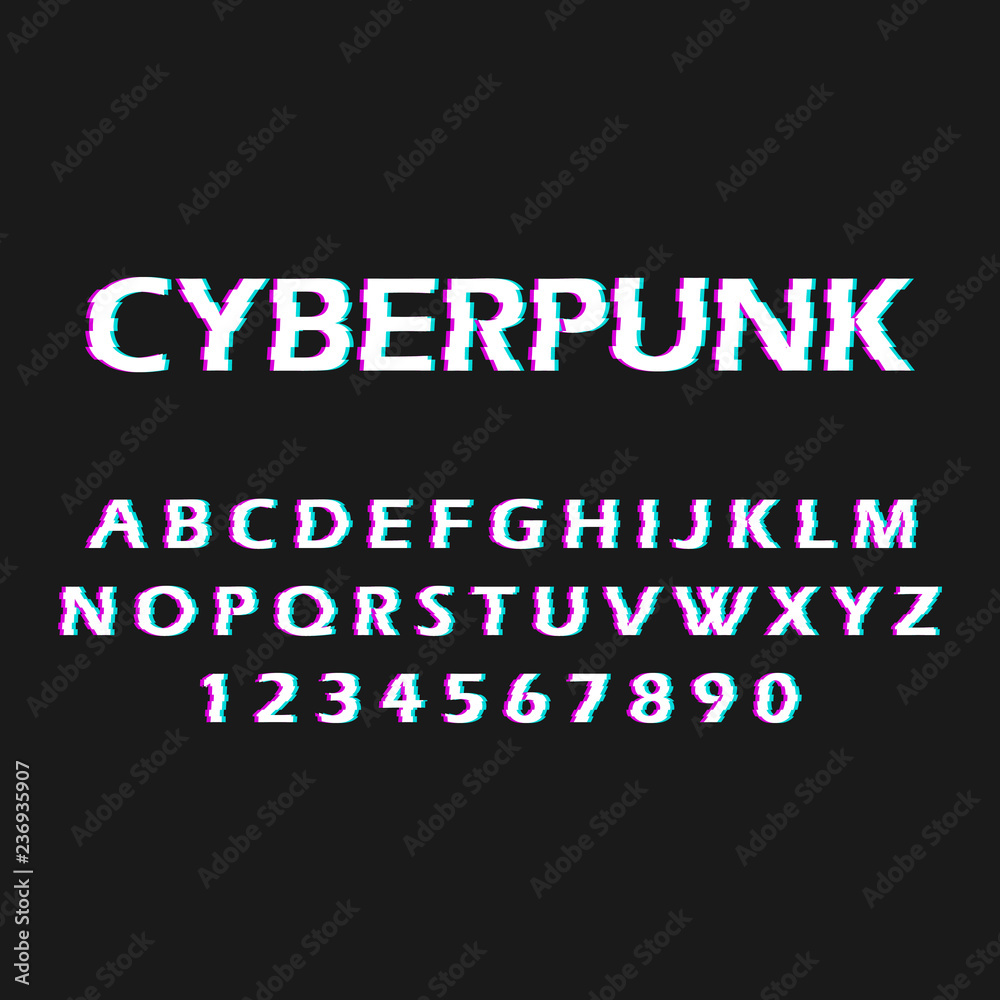 Glitch font. Distorted, malfunction font. Style cyberpunk. Letters and numbers.