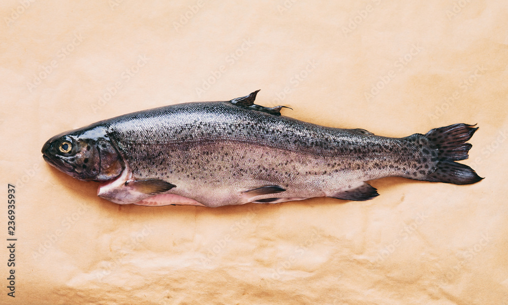 Fresh rainbow trout on brown paper top view Fresh rainbow trout on brown paper top view