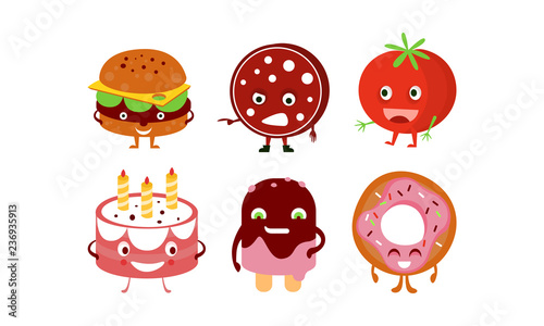 Flat vector set of humanized food. Burger, sausage, red tomato, birthday cake, ice-cream and donut with funny faces