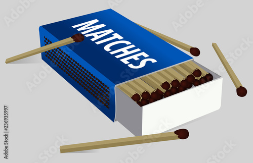 Open the boxes of matches. Vector Matchbox and Match. Icon. Logo. Isolated on gray background. Dark blue. Set for fiery bonfire on light backdrop. Kitchen item. Web icon. 3D. Isometric. Realistic.