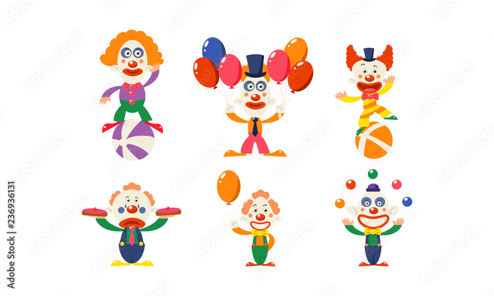 Flat vector set of funny clowns in actions. Cartoon circus artists showing different performances